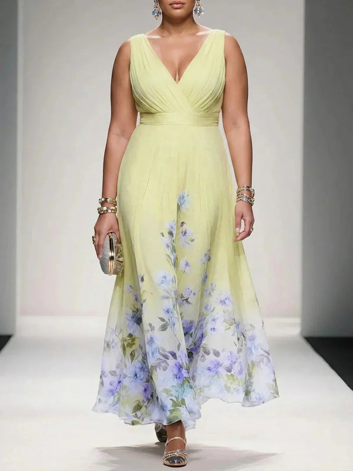 Rochie Maxi Chiffon Floral Albastru Deschis cu Decolteu în V