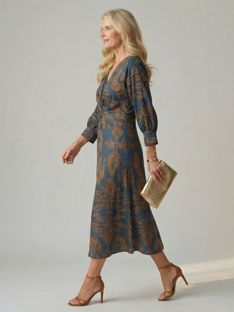 Lune | Rochie Midi cu Mâneci Lungi și Înfășurare Naturală