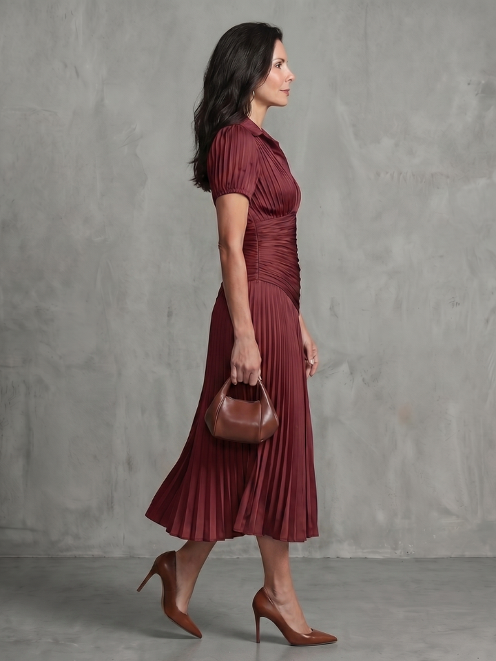 Theodora | Rochie midi cu talie plisată și dungi