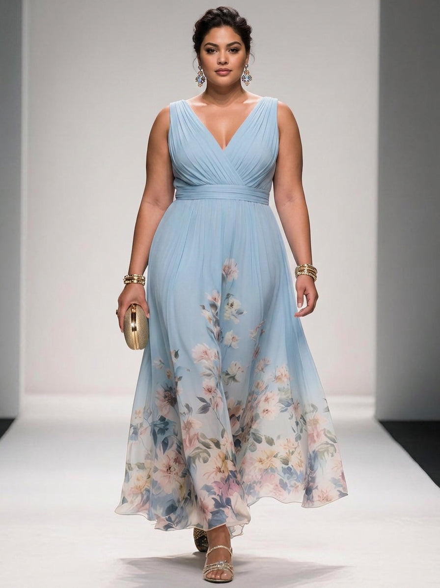 Rochie Maxi Chiffon Floral Albastru Deschis cu Decolteu în V