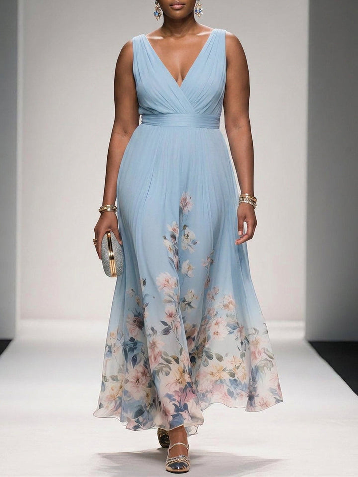 Rochie Maxi Chiffon Floral Albastru Deschis cu Decolteu în V