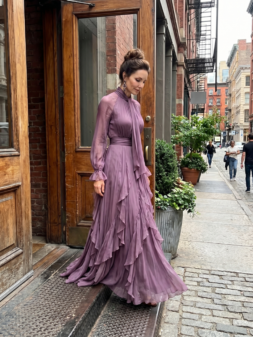 Demetria | Rochie Maxi cu Guler Legat și Volane