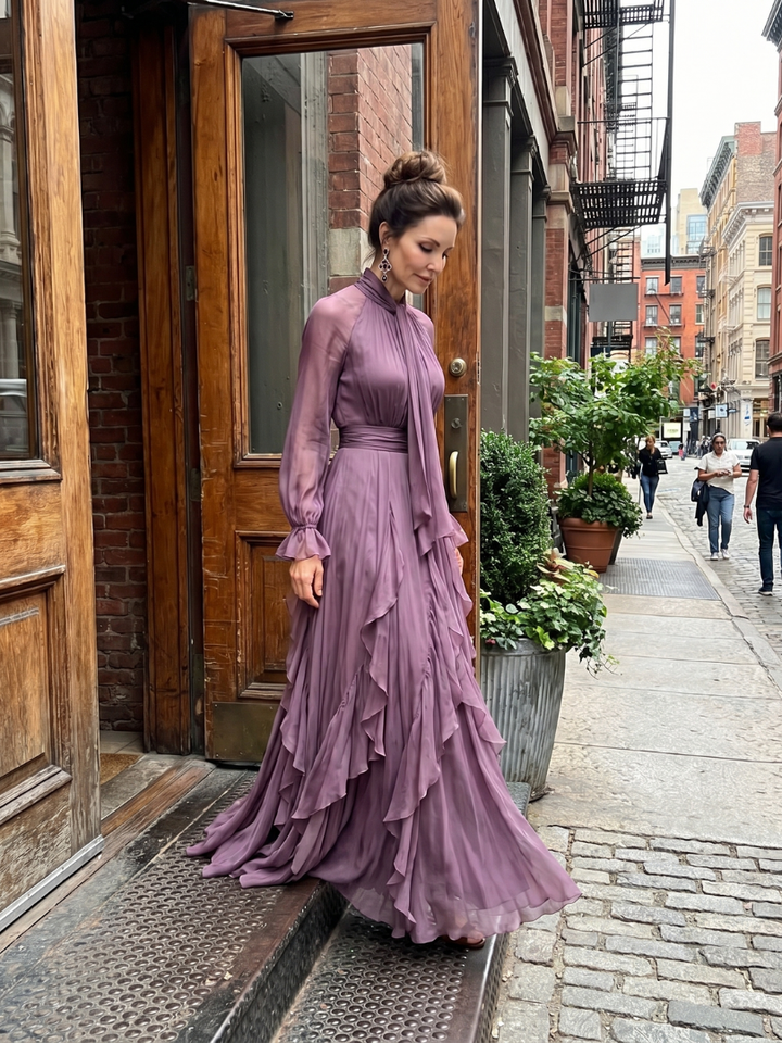 Demetria | Rochie Maxi cu Guler Legat și Volane