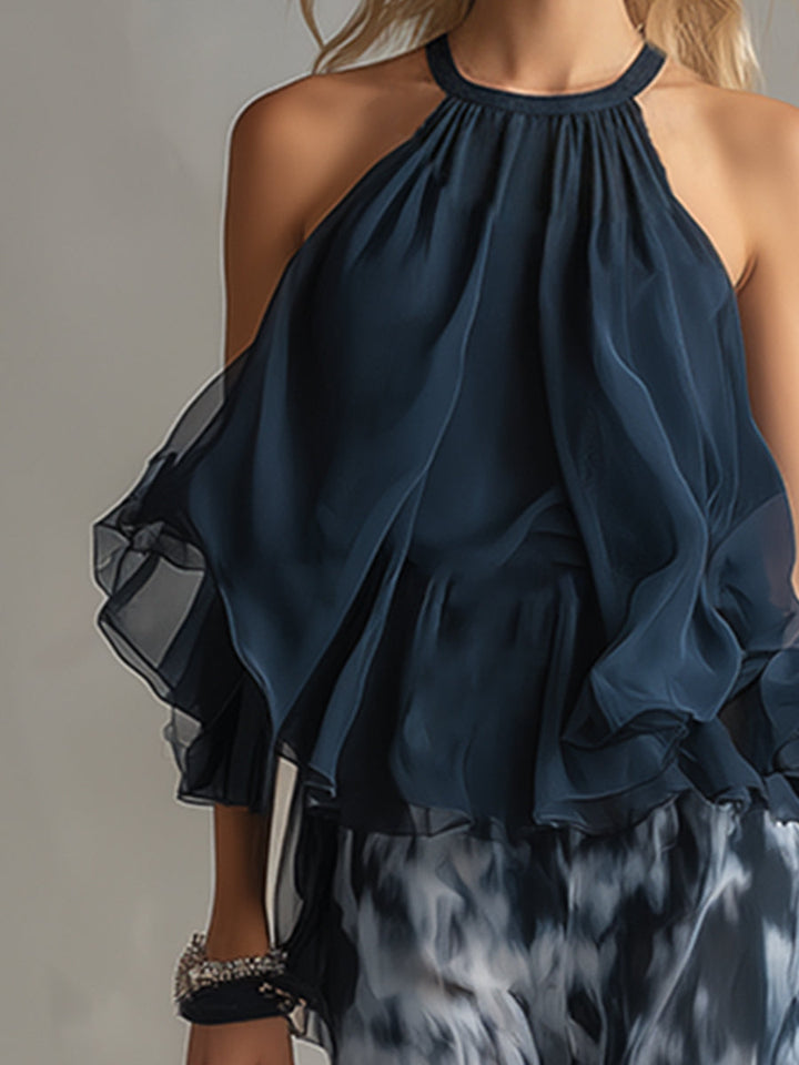 Ludovica - elegant din chiffon cu top cu guler înalt și pantaloni largi imprimeu