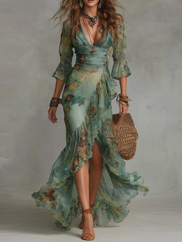 Aurora - rochie lungă florală boho cu tiv asimetric romantic