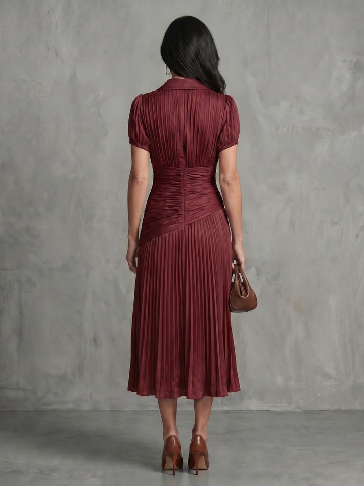 Theodora | Rochie midi cu talie plisată și dungi