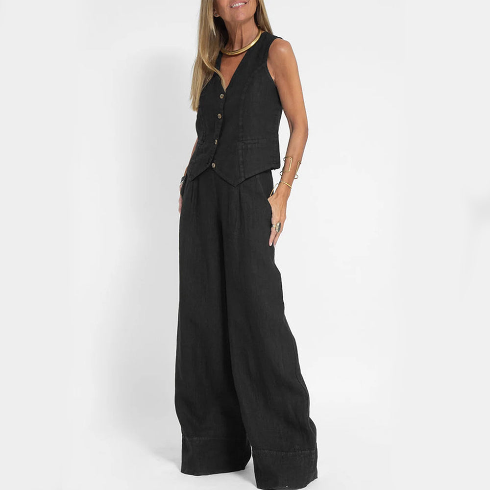 Top de vară fără mâneci și pantaloni drepți largi