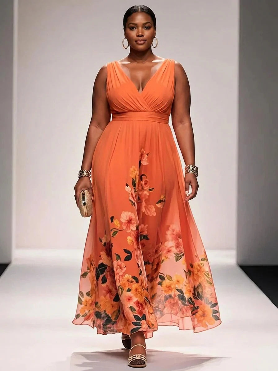 Rochie Maxi Chiffon Floral Albastru Deschis cu Decolteu în V