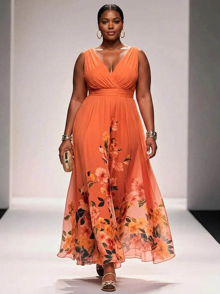 Rochie Maxi Chiffon Floral Albastru Deschis cu Decolteu în V