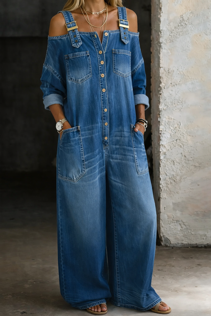 Sophia | Salopetă din denim cu umeri goi
