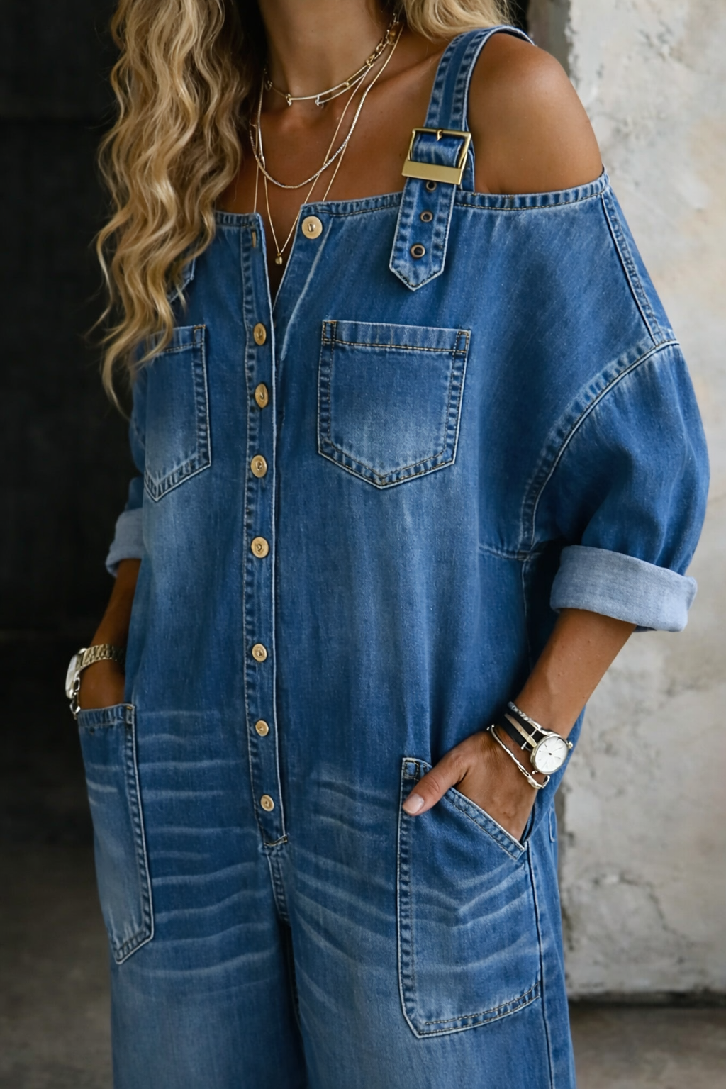 Sophia | Salopetă din denim cu umeri goi