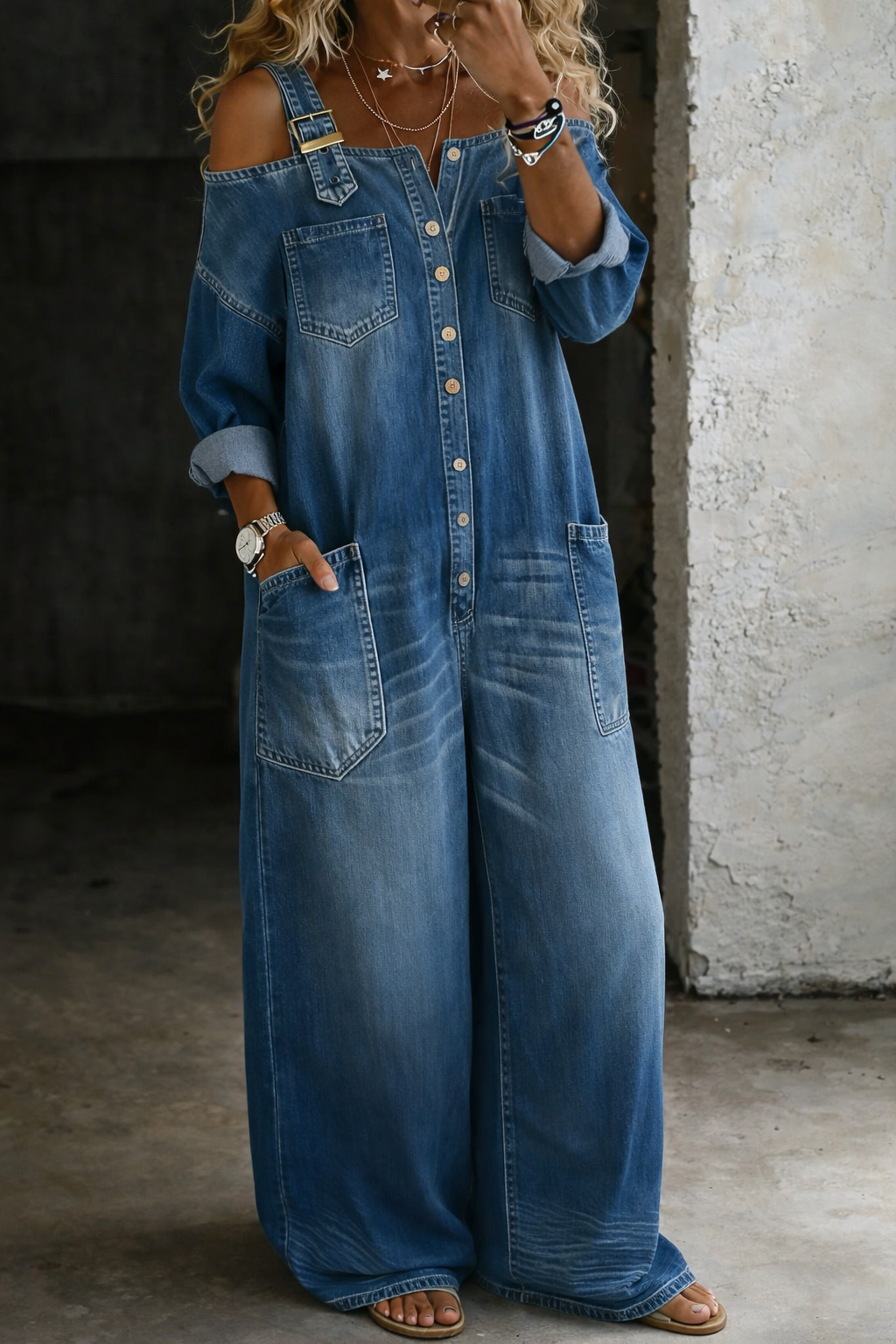 Sophia | Salopetă din denim cu umeri goi