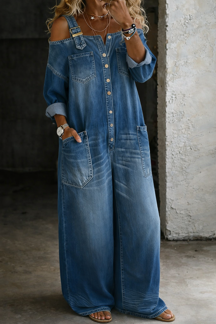 Sophia | Salopetă din denim cu umeri goi