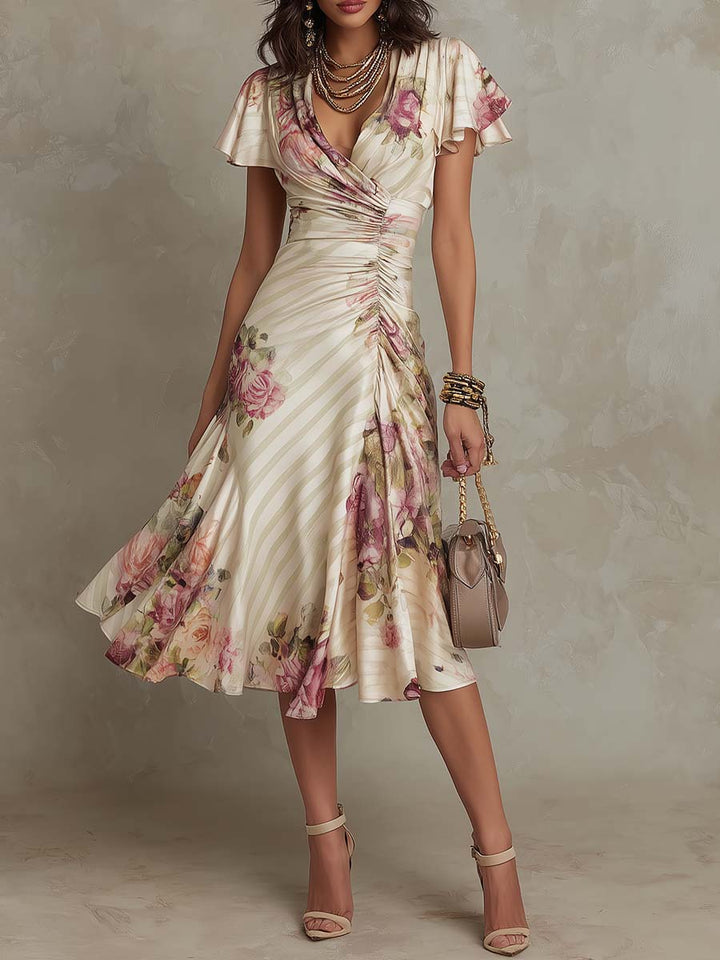 Alba - Rochie midi din satin floral elegant retro