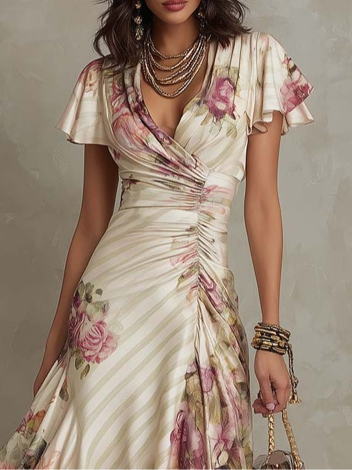 Alba - Rochie midi din satin floral elegant retro
