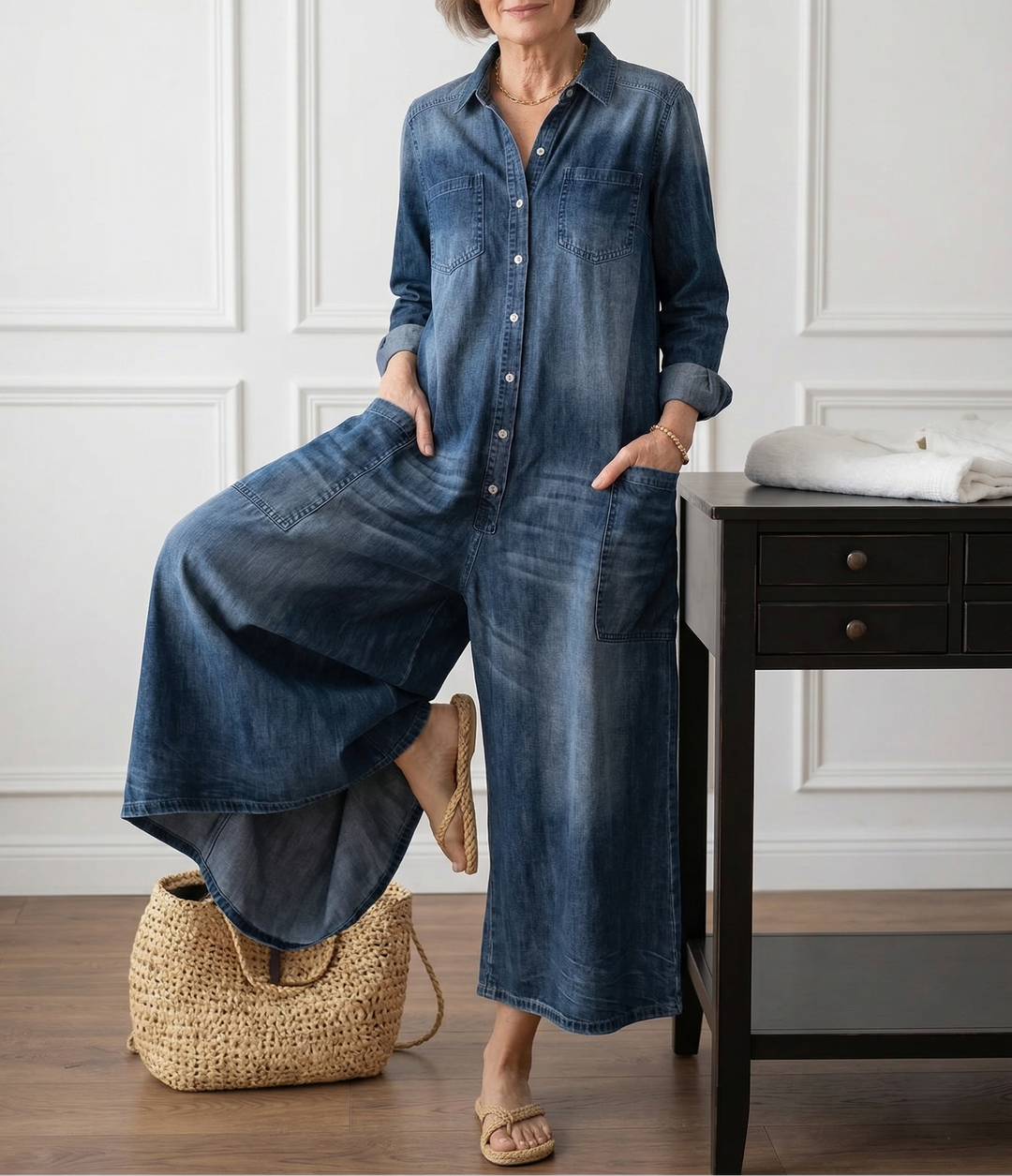Diana | Salopetă din denim din bumbac moale, spălată vintage, cu închidere cu nasturi