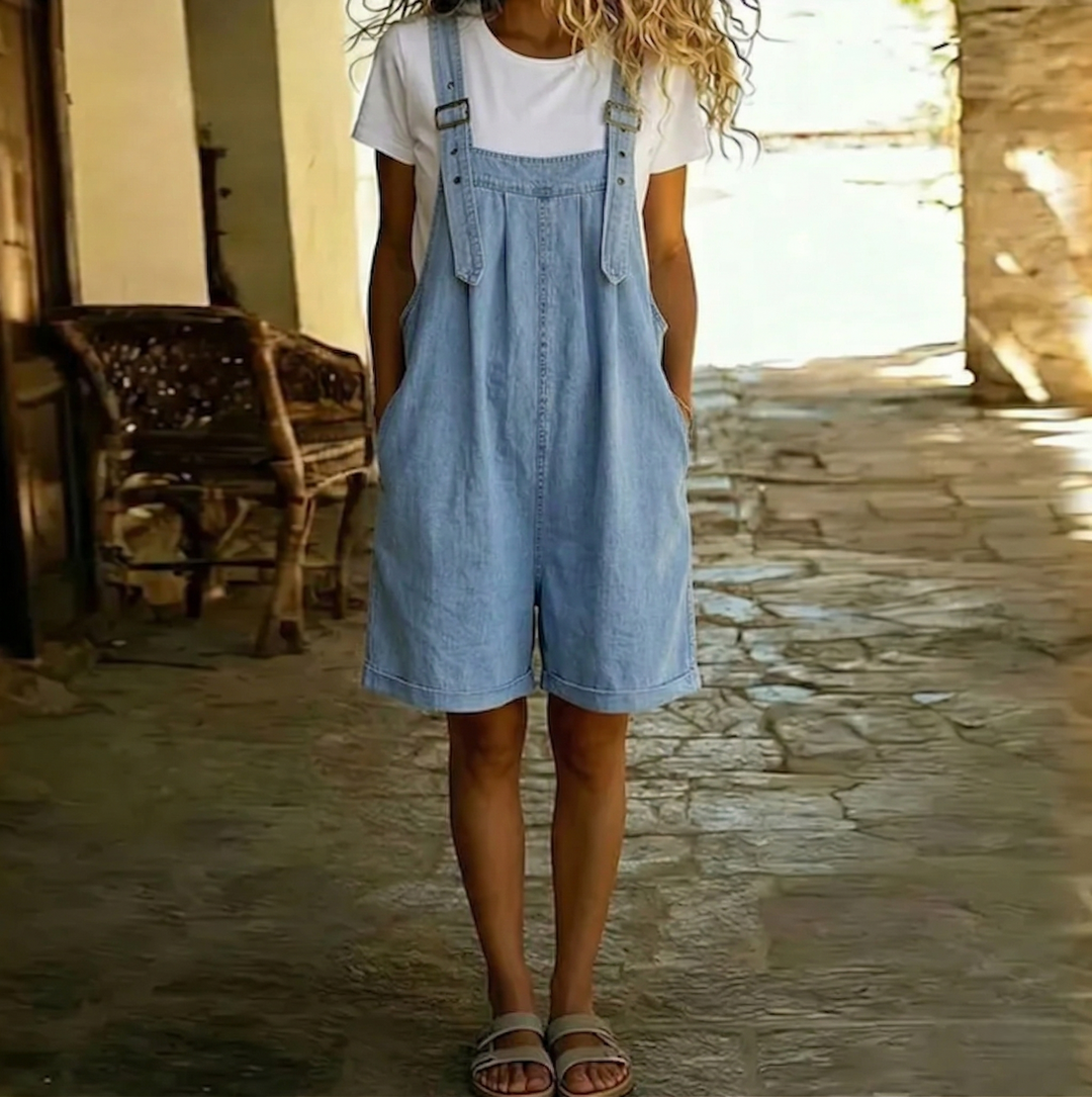 Clara | Salopetă scurtă din denim cu aspect vintage, din bumbac moale, albastru deschis