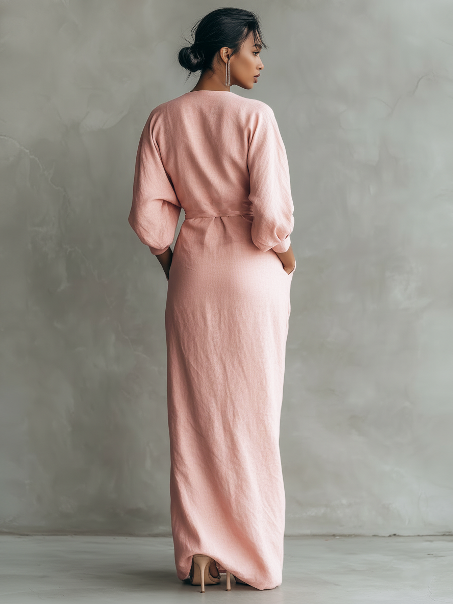 Rochie Maxi Minimalistă Roz cu decolteu în V din amestec de in pentru femei