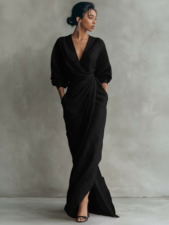 Rochie Maxi Minimalistă Roz cu decolteu în V din amestec de in pentru femei