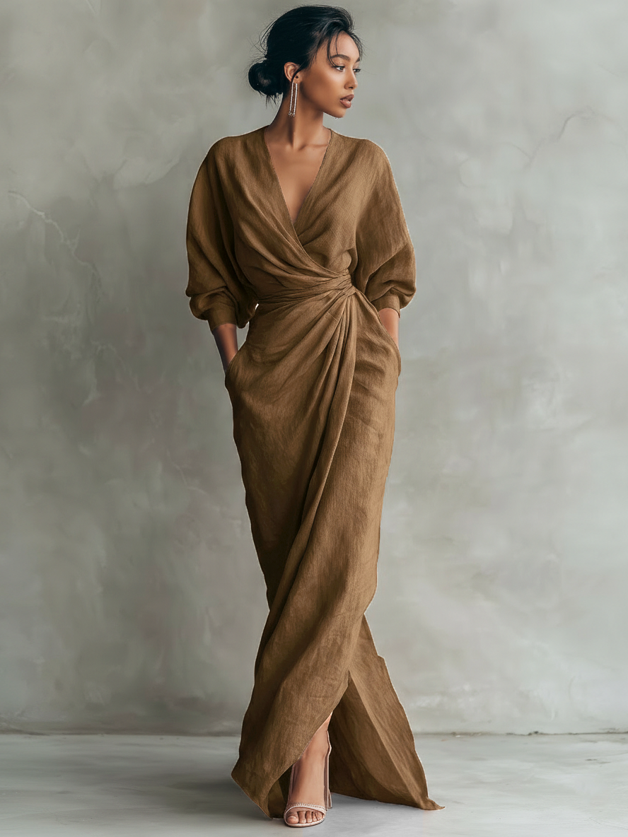 Rochie Maxi Minimalistă Roz cu decolteu în V din amestec de in pentru femei