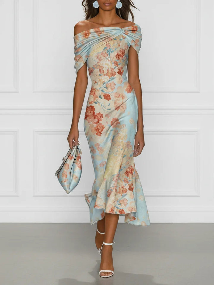 Vittoria - Rochie Midi Sirena Fără Mâneci cu Umeri Descoperiți și Imprimare Florală Albastră