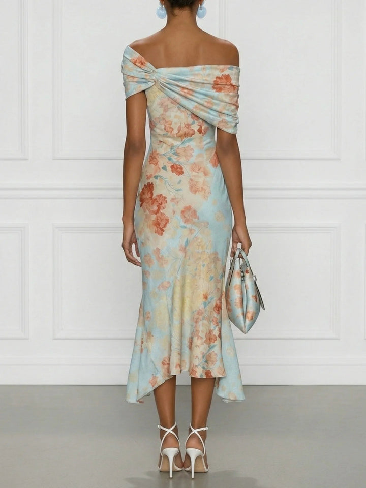 Vittoria - Rochie Midi Sirena Fără Mâneci cu Umeri Descoperiți și Imprimare Florală Albastră
