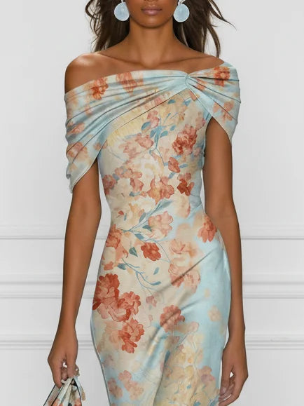 Vittoria - Rochie Midi Sirena Fără Mâneci cu Umeri Descoperiți și Imprimare Florală Albastră