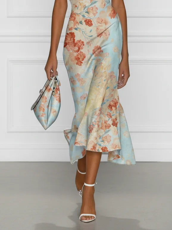 Vittoria - Rochie Midi Sirena Fără Mâneci cu Umeri Descoperiți și Imprimare Florală Albastră