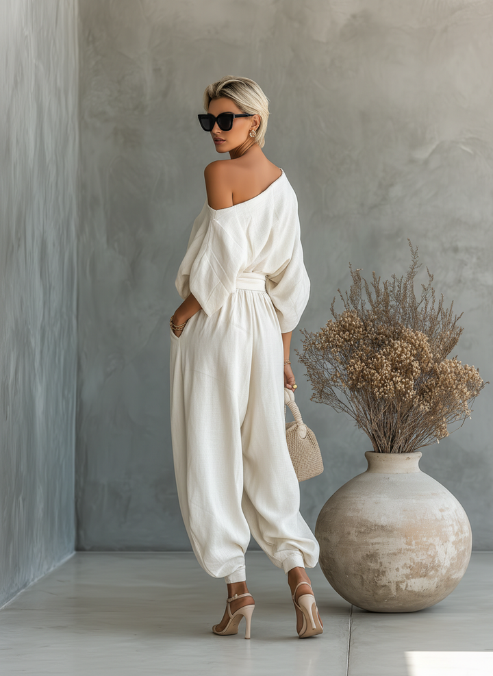 Lisa | Set bluză moale cu umeri descoperiți și pantaloni tapered