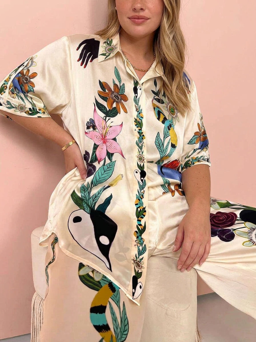 Nika | Set de cămașă și pantaloni cu imprimeu unic Satin Vibes de stațiune
