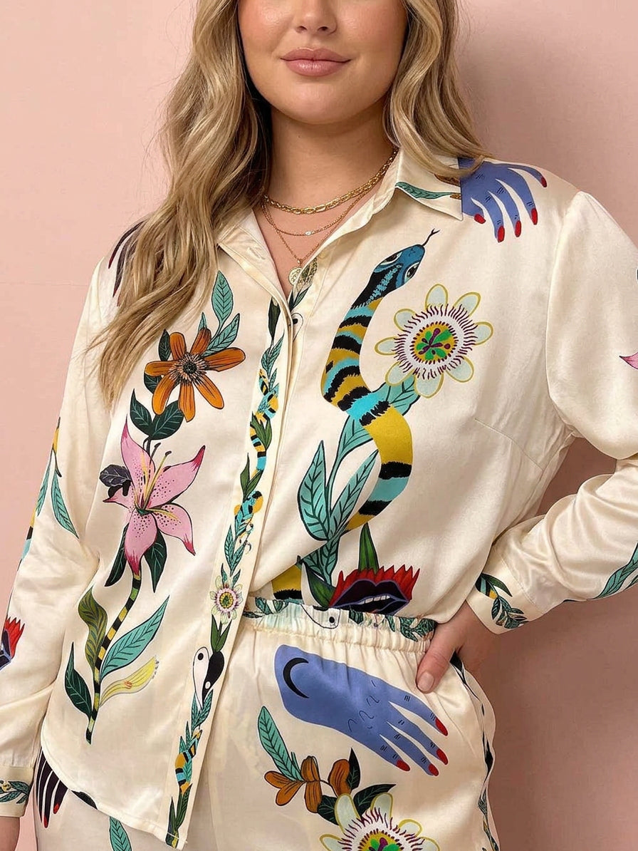 Nika | Set de cămașă și pantaloni cu imprimeu unic Satin Vibes de stațiune