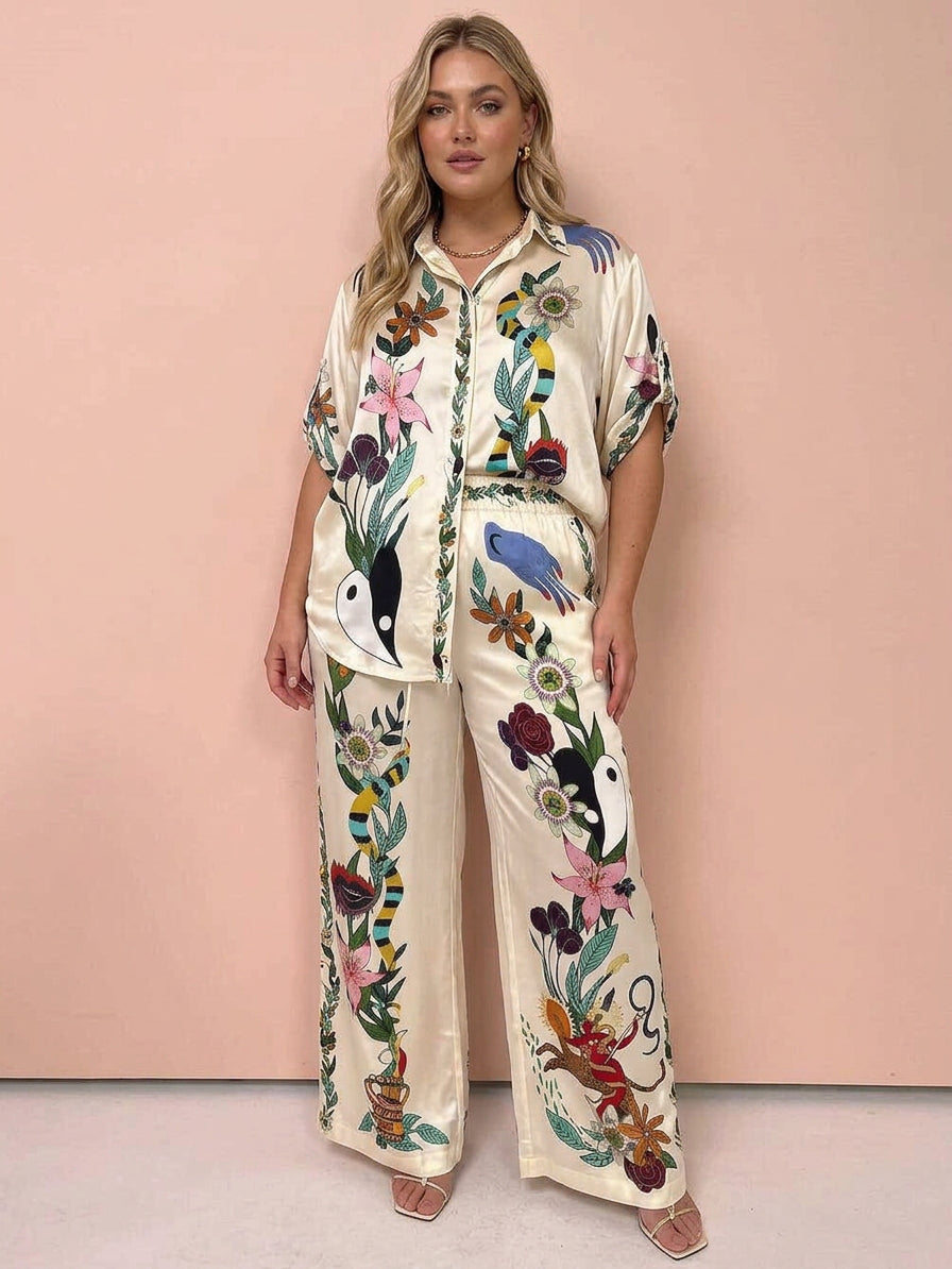 Nika | Set de cămașă și pantaloni cu imprimeu unic Satin Vibes de stațiune
