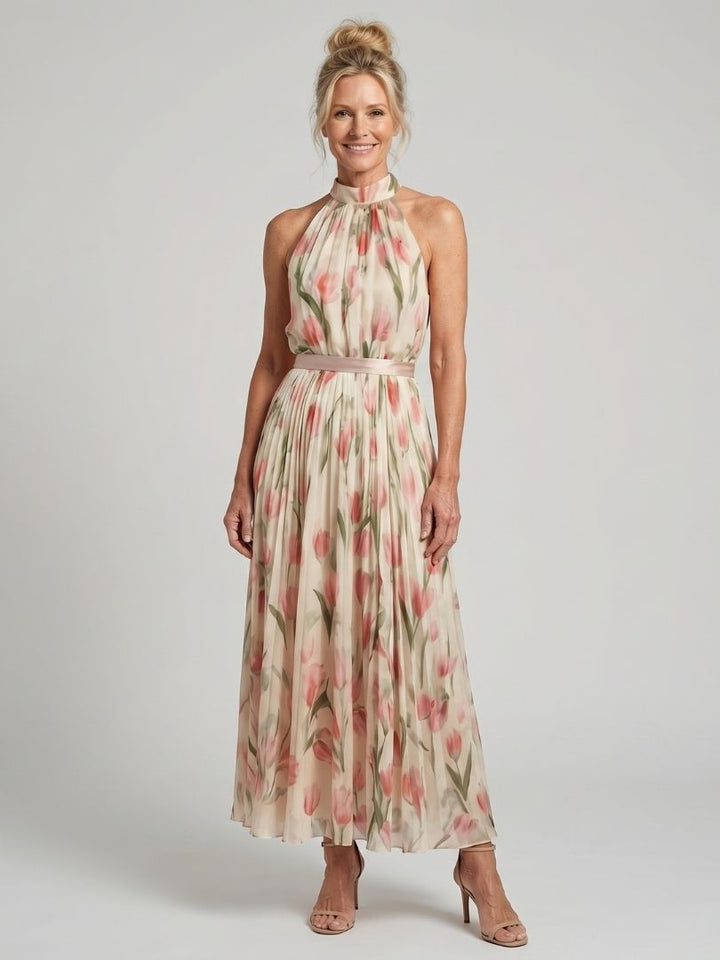 Aurelle | Rochie Midi Floral cu Guler Halter