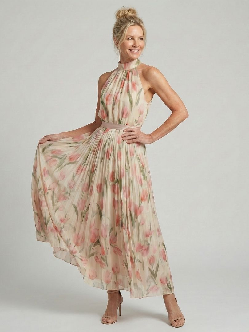 Aurelle | Rochie Midi Floral cu Guler Halter