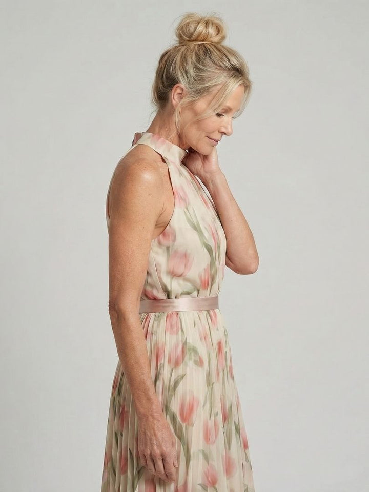 Aurelle | Rochie Midi Floral cu Guler Halter