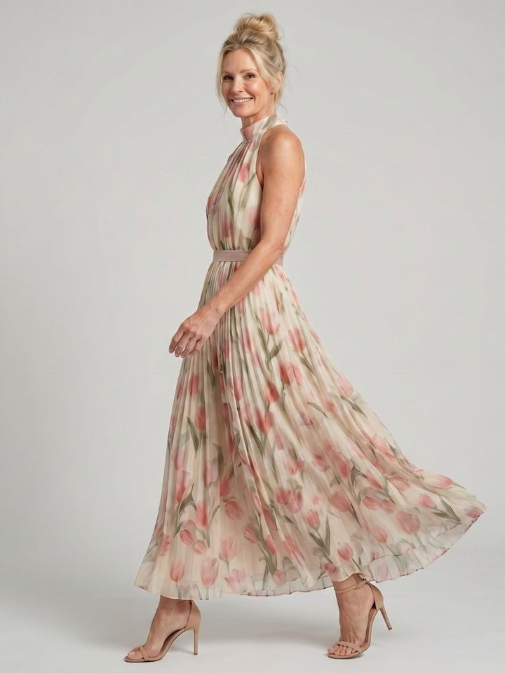 Aurelle | Rochie Midi Floral cu Guler Halter