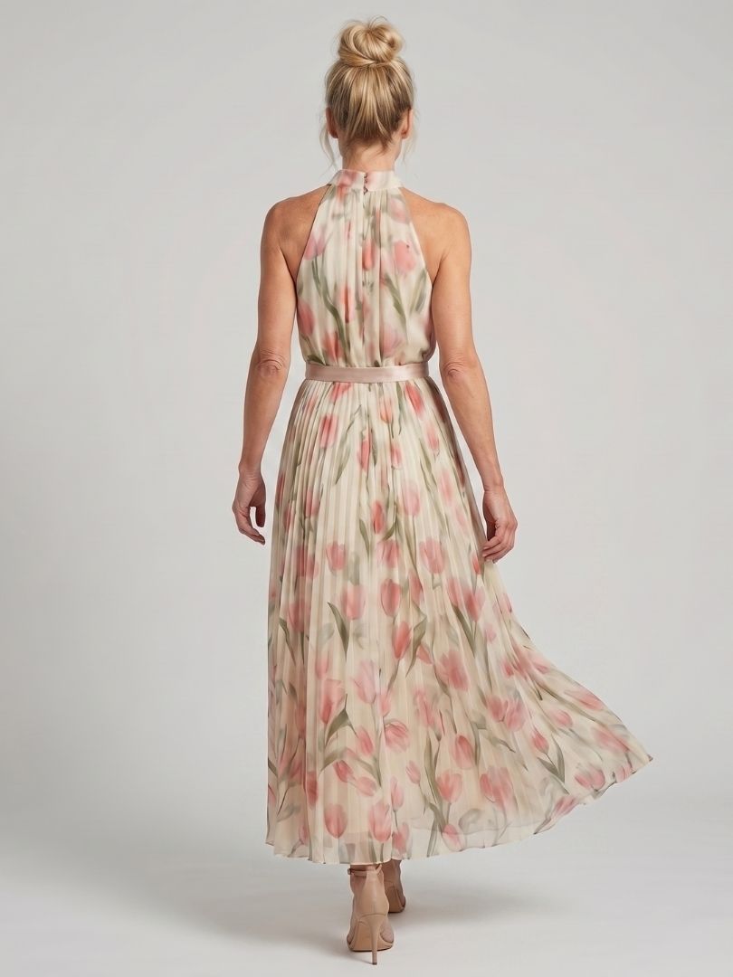 Aurelle | Rochie Midi Floral cu Guler Halter