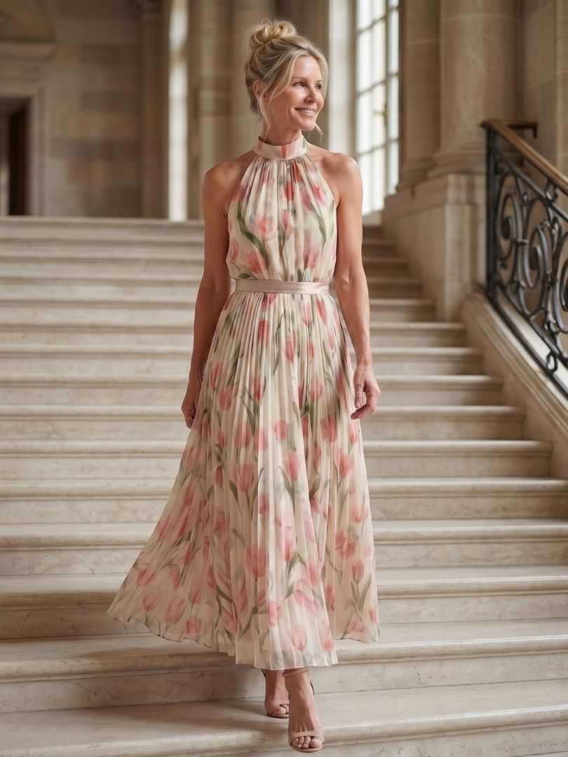 Aurelle | Rochie Midi Floral cu Guler Halter