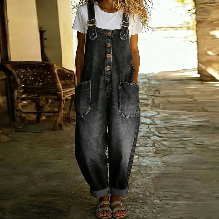 Mae | Salopetă din bumbac moale cu aspect denim vintage, cu bretele ajustabile