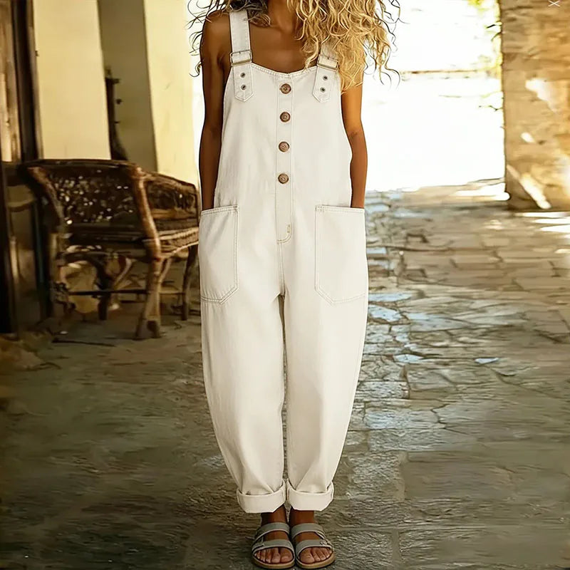 Mae | Salopetă din bumbac moale cu aspect denim vintage, cu bretele ajustabile