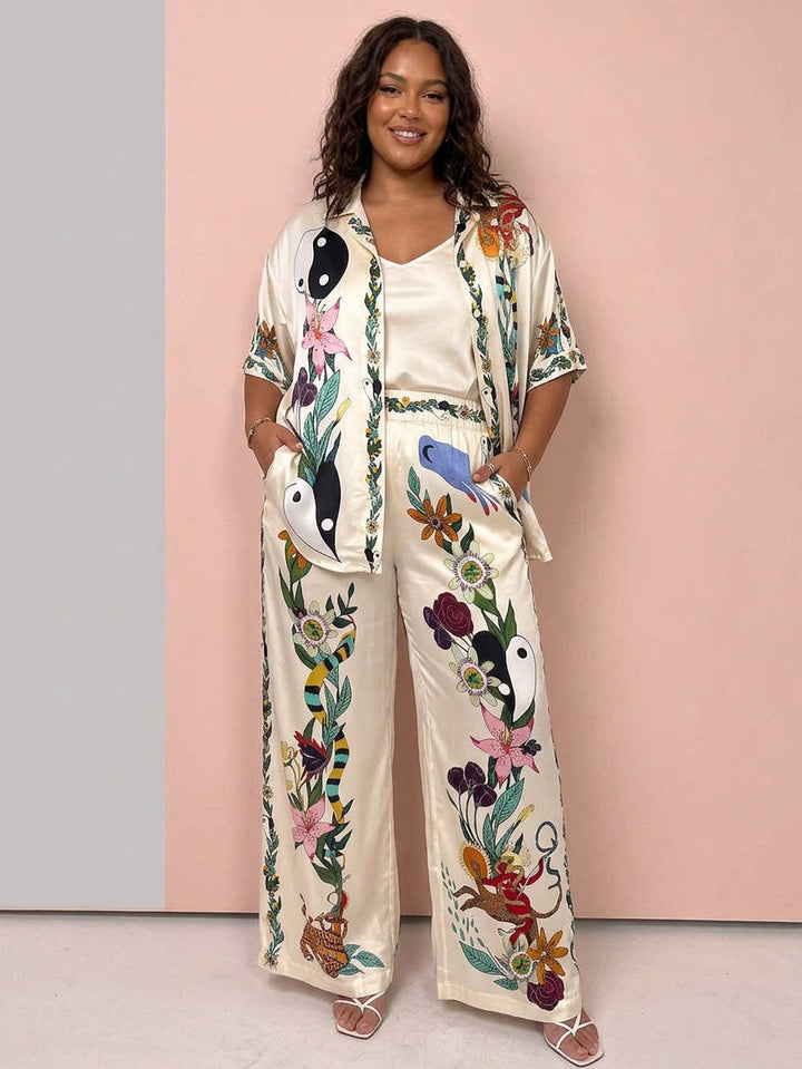 Nika | Set de cămașă și pantaloni cu imprimeu unic Satin Vibes de stațiune