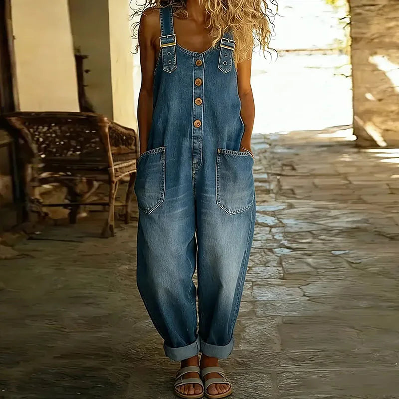 Mae | Salopetă din bumbac moale cu aspect denim vintage, cu bretele ajustabile