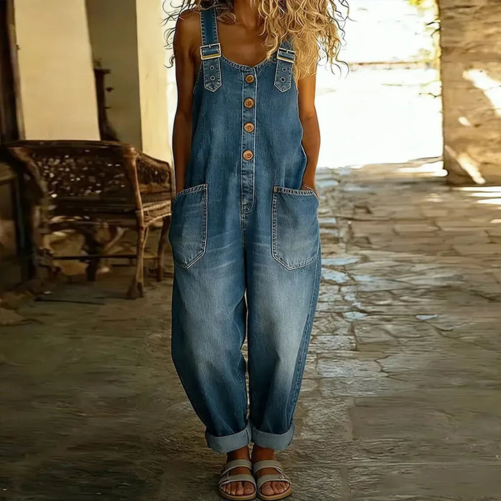 Mae | Salopetă din bumbac moale cu aspect denim vintage, cu bretele ajustabile
