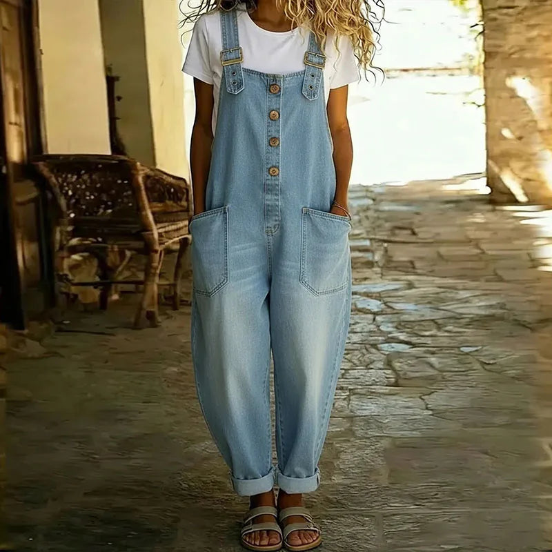 Mae | Salopetă din bumbac moale cu aspect denim vintage, cu bretele ajustabile