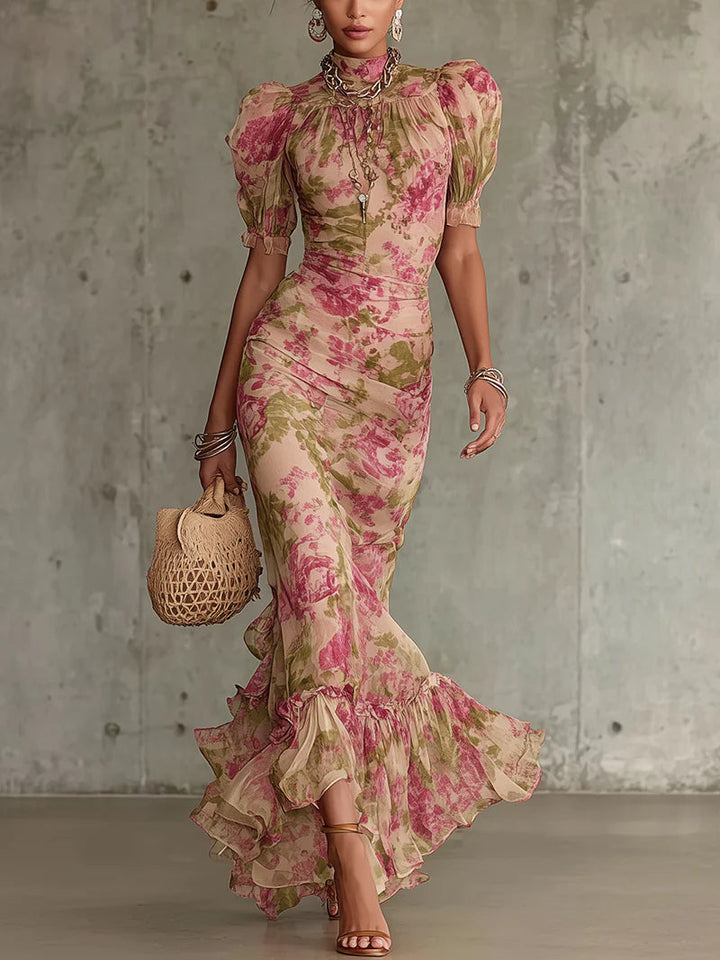 Fiora - Rochie lungă cu imprimeu vintage cu trandafiri și mâneci bufante