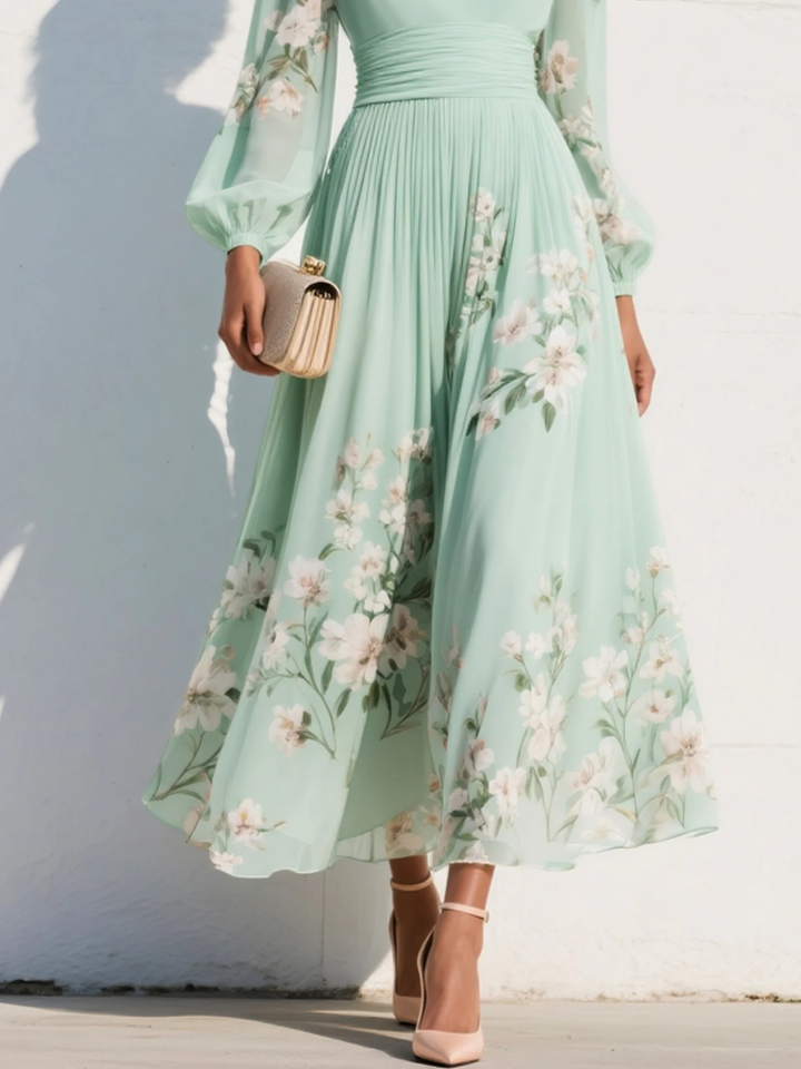 Rochie Maxi Plisată din Chiffon Verde Mentă cu Imprimare Florală pentru Femei