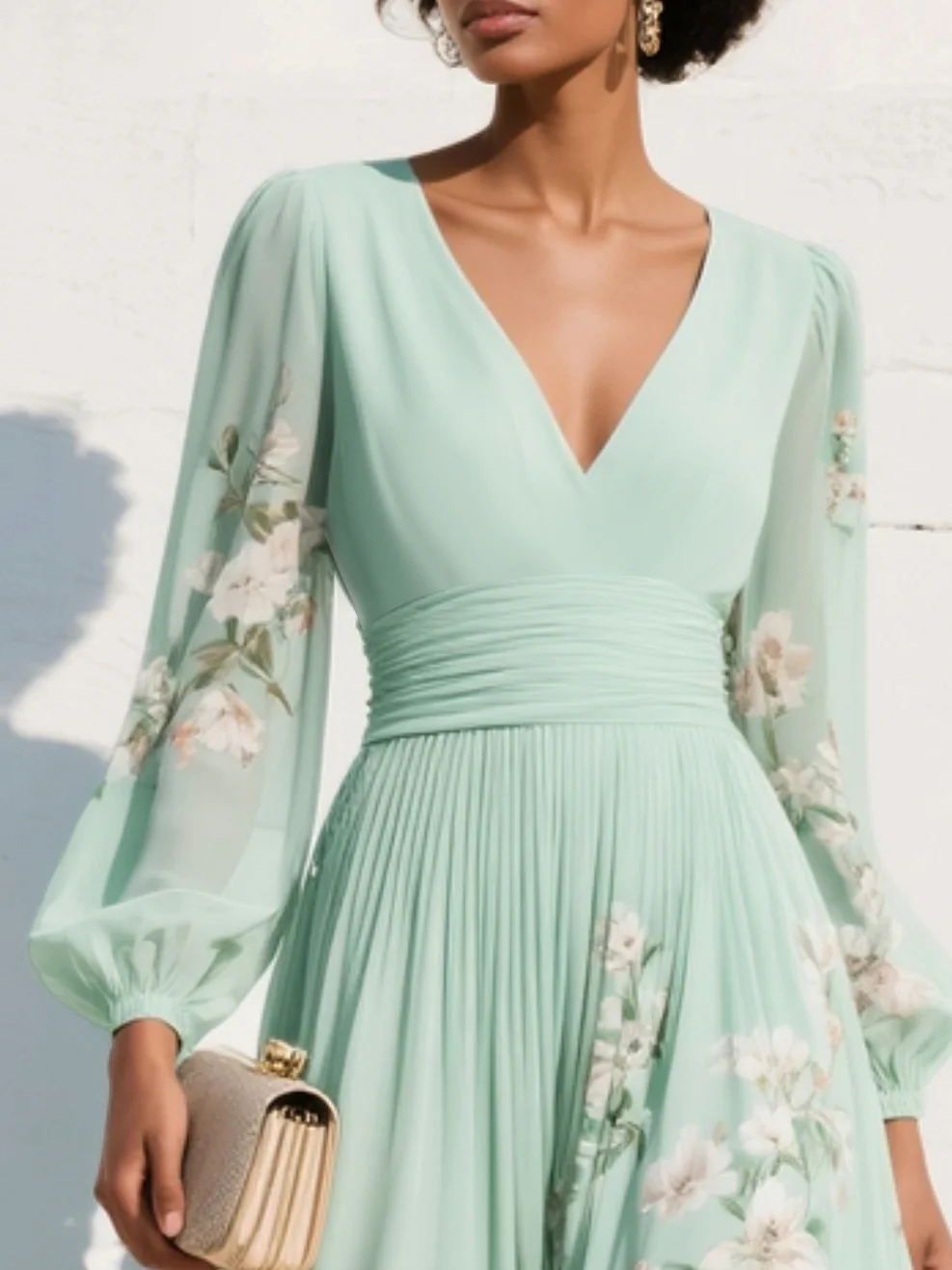 Rochie Maxi Plisată din Chiffon Verde Mentă cu Imprimare Florală pentru Femei