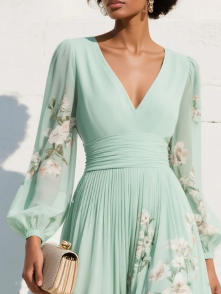 Rochie Maxi Plisată din Chiffon Verde Mentă cu Imprimare Florală pentru Femei