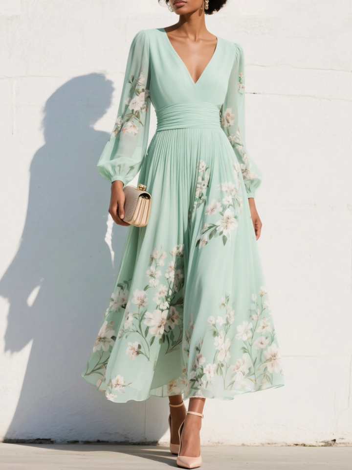 Rochie Maxi Plisată din Chiffon Verde Mentă cu Imprimare Florală pentru Femei