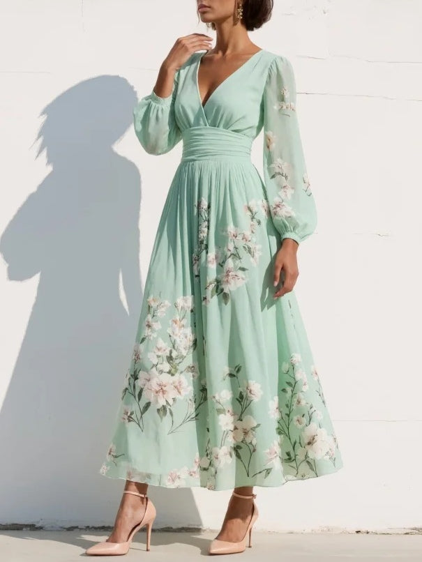 Rochie Maxi Plisată din Chiffon Verde Mentă cu Imprimare Florală pentru Femei